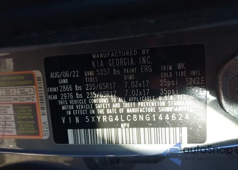 2022 Kia Sorento Lx z USA, uszkodzony, nr VIN 5XYRG4LC8NG144624